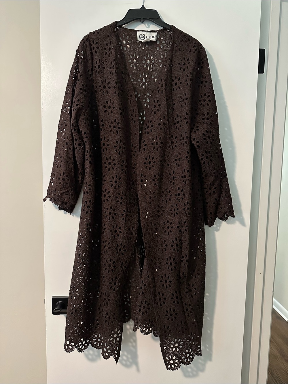 Size 3X L&B Brown Eyelet Crochet Floral Long Cardigan